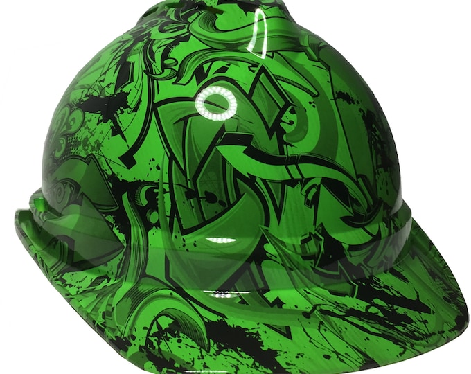Custom Hydro Dipped Hard Hat Alien Green Graffiti MSA 500 Series Cap Style Vented
