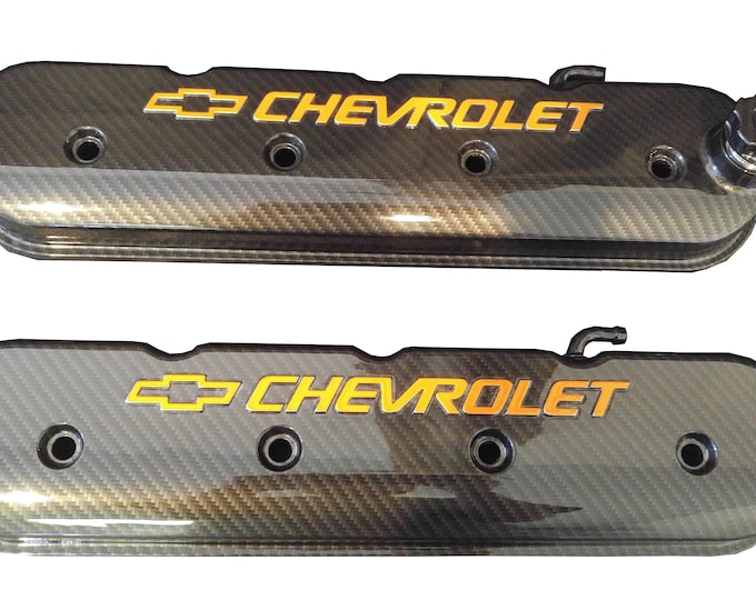 Custom Hydro Dipped LS Valve Covers 241-400 Carbon Fiber With Orange Bowtie And Letters