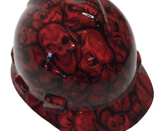 Hydro Dipped Hard Hat MSA V-Gard Cap Style Custom Red Insanity Skulls