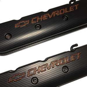 Custom Hydro Dipped LS Valve Covers 241-400  Carbon Fiber With Orange Carbin FiberBowtie And Letters