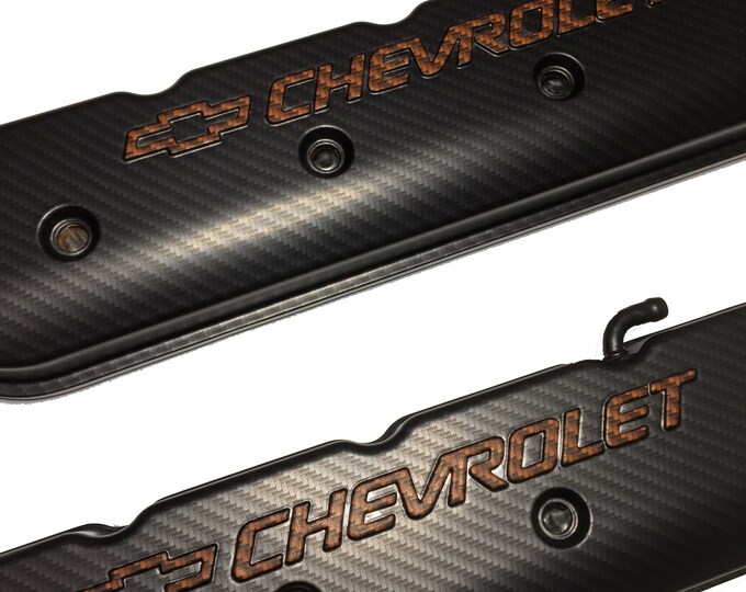 Custom Hydro Dipped LS Valve Covers 241-400  Carbon Fiber With Orange Carbin FiberBowtie And Letters