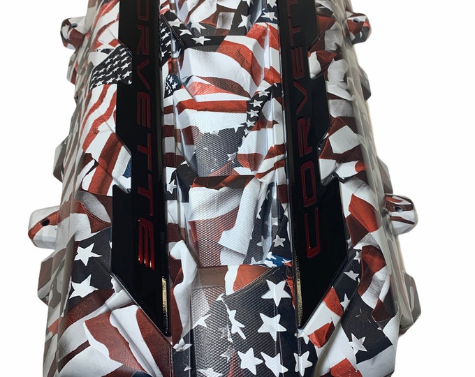 Custom Hydro Dipped 2020+ Corvette Engine Cover American Flags matte finish w/corvette red letters