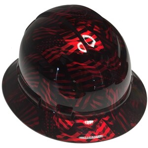 May include: A hard hat with a red, white, and blue American flag pattern. The hard hat is black and has a glossy finish.