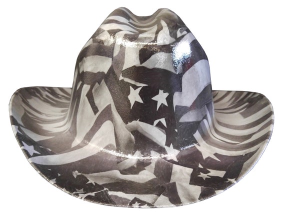 Custom Hydro Dipped Western Outlaw Hard Hat Gray Midnight American Flags  Cowboy Hat 