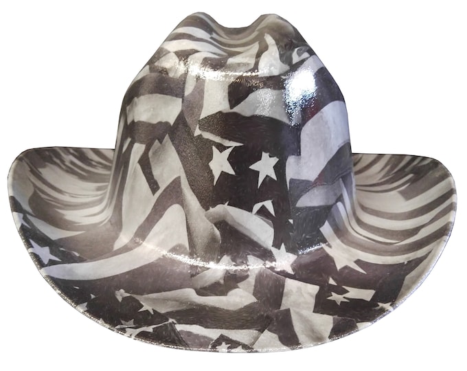 Custom Hydro Dipped Western Outlaw Hard Hat Gray Midnight American Flags Cowboy Hat