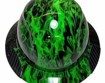 Custom Hydro Dipped Black and Green Flames Lift DAX Fifty 50 Carbon Fiber HDF50C-19OC  Full Brim HardHat