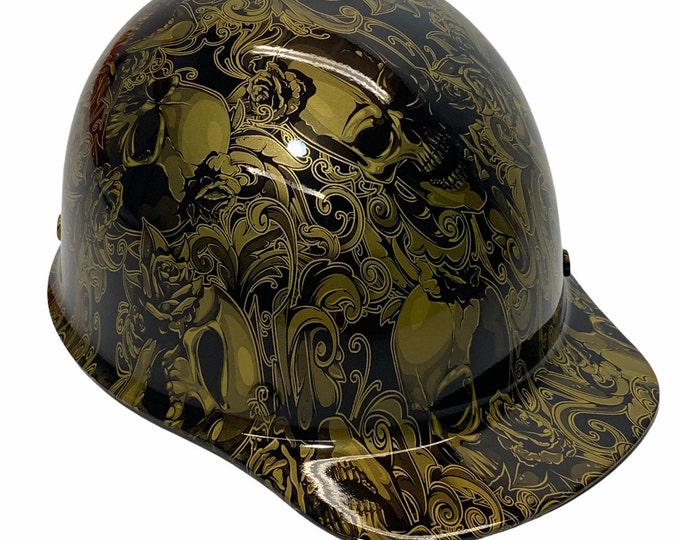 Custom Hard Hat HOK Gold Metallic Filigree Skulls MSA SkullGard Cap Style
