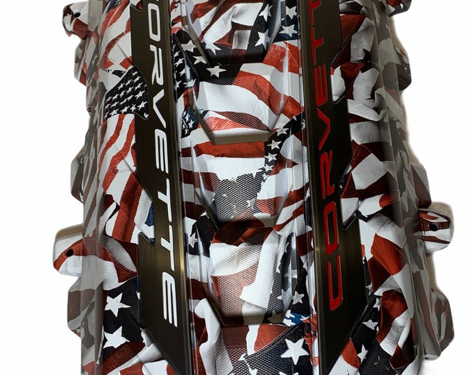 Custom Hydro Dipped 2020+ Corvette Engine Cover American Flags matte finish w/ red or white letters