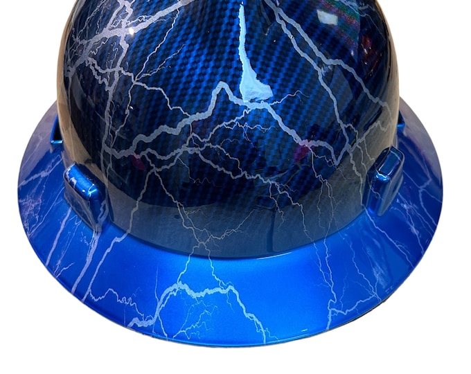 Custom Hard Hat MSA V-Gard Full Brim Kandy Blue Carbon Fiber Silver Lightning