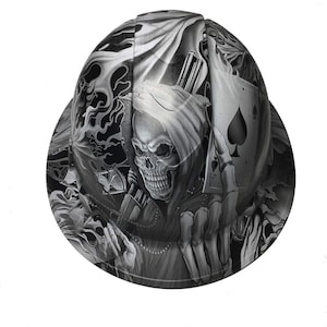 Custom Hydro Dipped Hard Hat White Ace of Skulls Full Brim Ridgeline