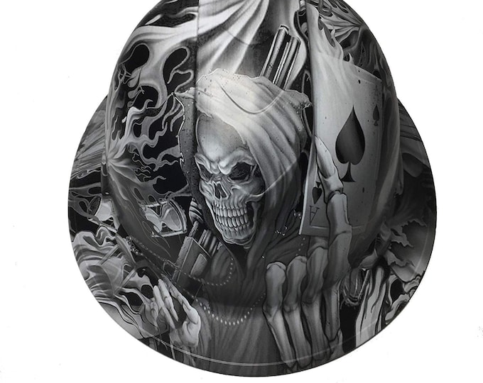 Custom Hydro Dipped Hard Hat White Ace of Skulls Full Brim Ridgeline