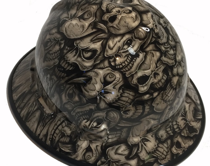 Custom Hard Hat Woodgrain Insanity Skulls MSA V-Gard Full Brim W/ Black EdgeGard