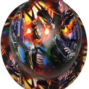 May include: A hard hat with a patriotic design featuring American flags, historical figures, and a vintage car. The hat has a colorful, detailed graphic wrap.