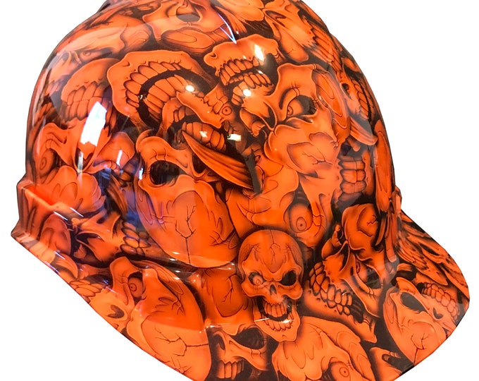 Custom Hydro Dipped Hard Hat Ridgeline Cap Style Custom Hi Vis Orange Insanity Skulls