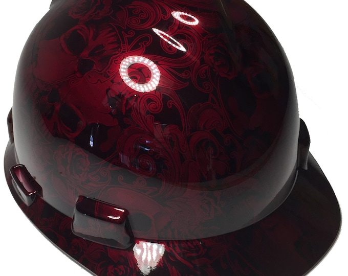 Custom Hard Hat Brandywine Red Filigree Skulls Hydro Dipped MSA V-Gard Cap Style