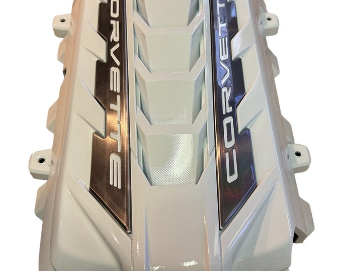 Custom Hydro Dipped 2020+ Corvette Engine Cover  White with white letters over silver