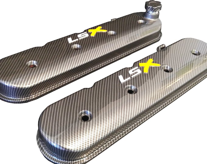Custom Hydro Dipped LS Valve Covers 241-405 Carbon Fiber With White LS and Yellow X