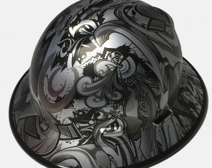 Custom Hard Hat MSA V-Gard Full Brim Silver Metallic Graffiti W/Black EdgeGard