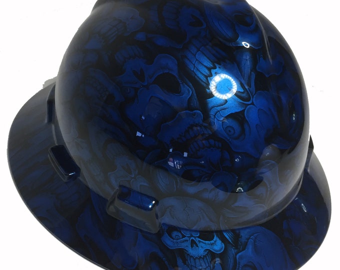 Custom Hard Hat Speedway Blue Insanity Skulls MSA V-Gard Full Brim
