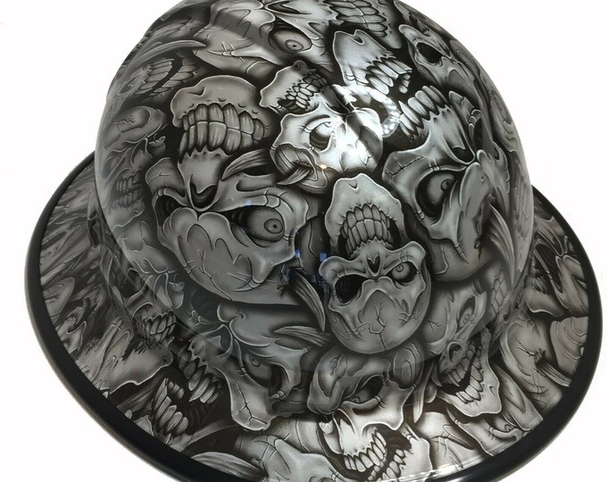 Custom Hard Hat Pearl White Insanity Skulls W/Black Edgegard Full Brim Ridgeline