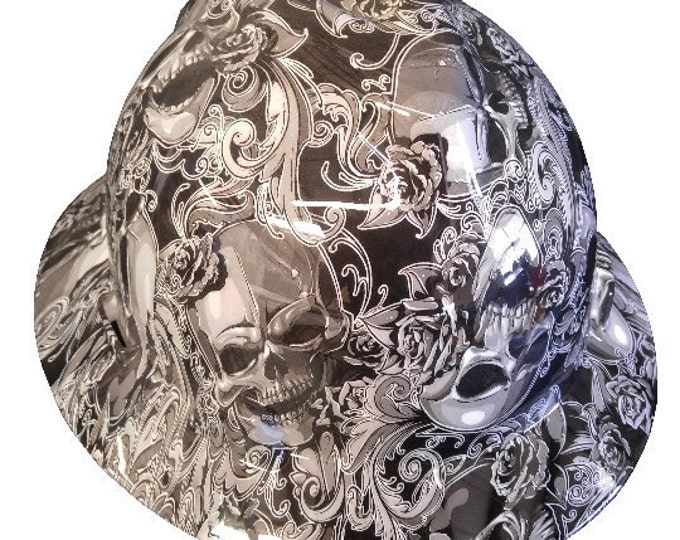 Custom Hydro Dipped White Filigree Skulls MSA V-Gard Full Brim Hard Hat