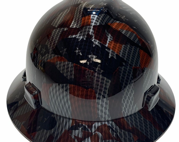 Custom Hard Hat Hydro Dipped Carbon Fiber American Flags HG MSA V-Gard Full Brim