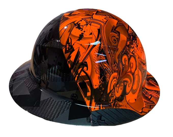 Custom Hydro Dipped Black and Orange Graffiti/Camo Lift DAX Fifty 50 Carbon Fiber HDF50C-19OC  Full Brim HardHat