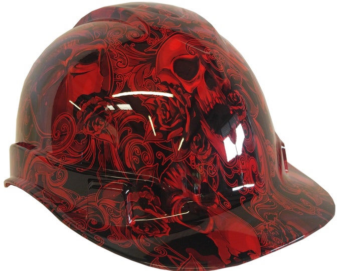 Hard Hat Ridgeline Cap Style Custom Red FIligree Skulls