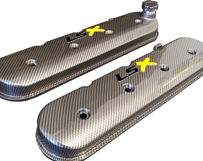 Custom Hydro Dipped LS Valve Covers 241-405 Carbon Fiber With Black LS and Yellow X