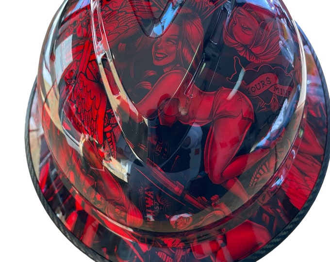 Custom Hard Hat Hydro Dipped Red Naughty Boy MSA 500 Series V-Gard Full Brim Vented with Edgegard