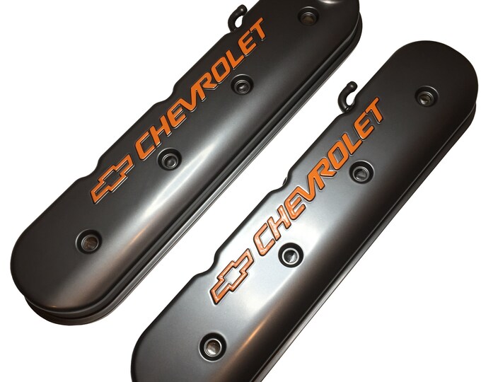 Custom Painted Valve Covers 241-400 Metallic Graphite With Orange Bowtie And Letters