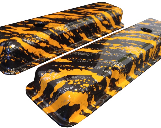 Custom Hydro Dipped Orange Marble Splash Small Block Chevy Valve Covers Mr Gasket 6850