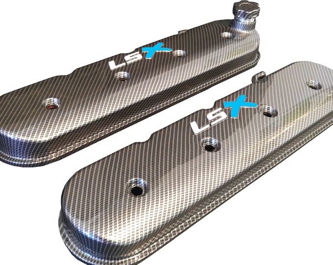 Custom Hydro Dipped LS Valve Covers 241-405 Carbon Fiber With White LS and Light Blue X