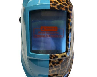 Kundenspezifische Schweißmaske WHAM30 Serie Auto Dark Half Cheetah Print Half Hot Blue Hydro Dipped