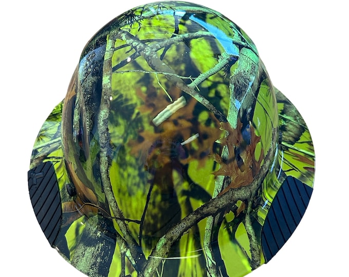 Custom Hydro Dip HiVis Green Vista Camo Lift Fiber Resin Full Brim Hardhat