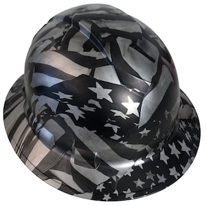 Custom Hydro Dipped Hard Hat Metallic Silver Midnight American Flags Full Brim Ridgeline