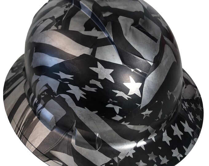 Custom Hydro Dipped Hard Hat Metallic Silver Midnight American Flags Full Brim Ridgeline