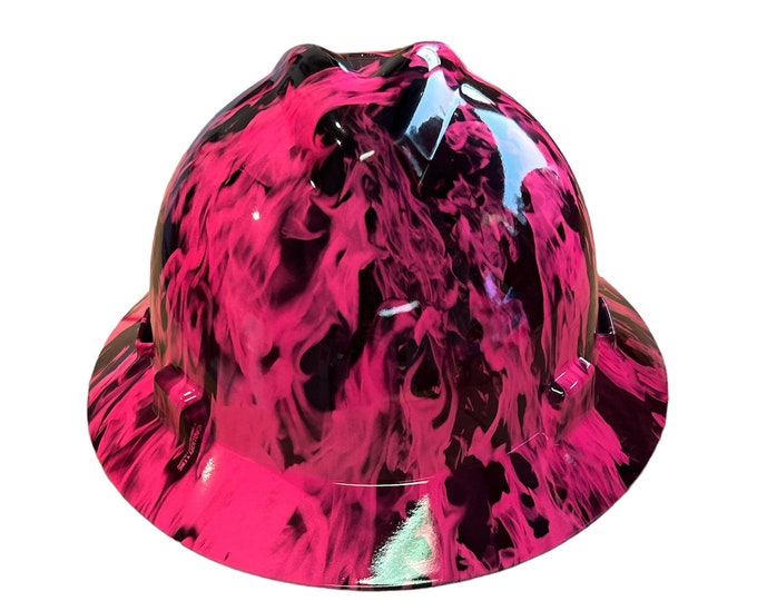 Custom Pink Flames Hard Hat MSA V-Gard Full Brim