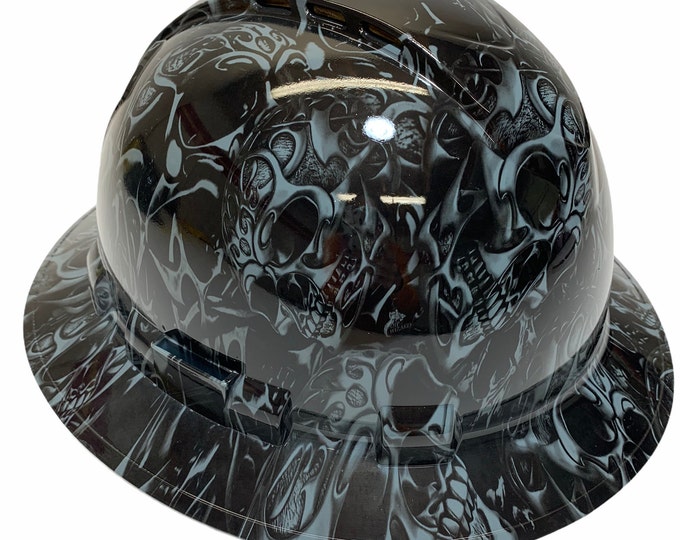 Custom Hydro Dipped Hard Hat Slate Gray Tribal Skulls Full Brim Ridgeline