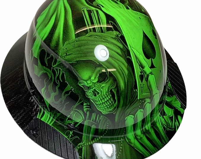 Custom Hydro Dipped Black and Green Ace of Skulls Lift DAX Fifty 50 Carbon Fiber HDF50C-19OC  Full Brim HardHat