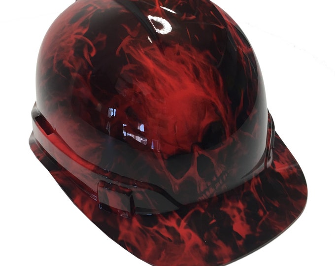 Custom Hydro Dipped Hard Hat Ridgeline Cap Style Red Flaming Skulls