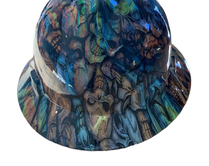 Custom Hard Hat Hydro Dipped Oil Slick Insanity Skulls MSA V-Gard Full Brim