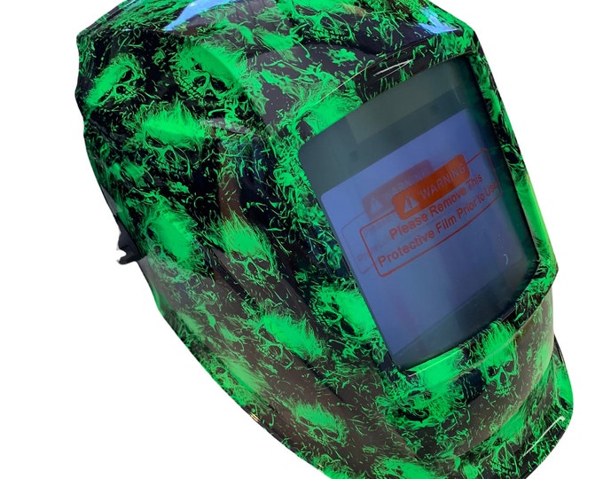 Custom Hydro Dipped Welding Mask WHAM30 Series Auto Dark Alien Green Small Flaming Skulls