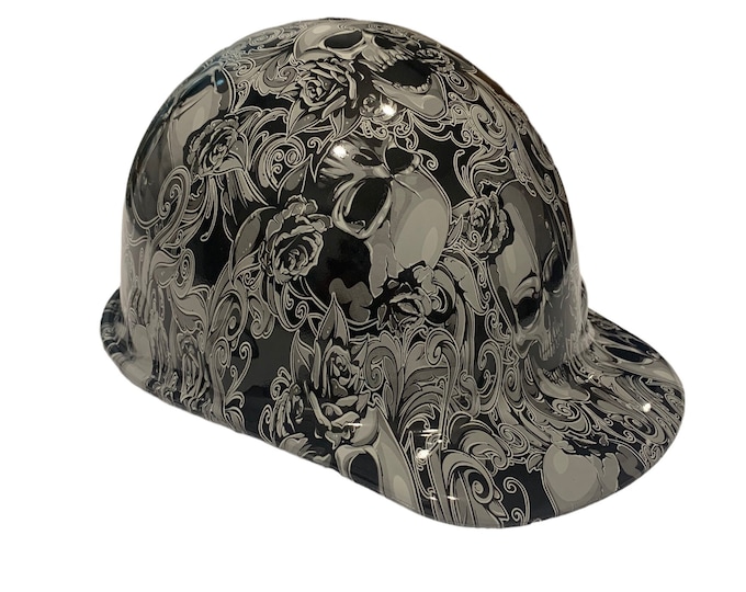 Custom Hydro Dipped Fibre-Metal Roughneck Cap Style White Filigree Skulls