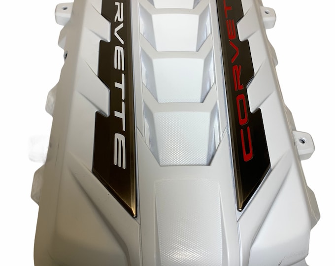 Custom Hydro Dipped 2020+ Corvette Engine Cover  White  w/ red or white letters over silver