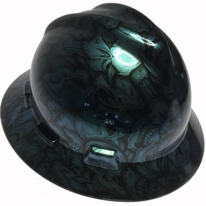 Custom Hydro Dipped Hard Hat MSA V-Gard Full Brim Blue Green Chameleon Insanity Skulls