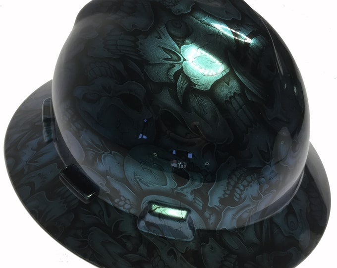 Custom Hydro Dipped Hard Hat MSA V-Gard Full Brim Blue Green Chameleon Insanity Skulls