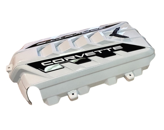 Custom Hydro Dipped 2020+ Corvette Engine Cover White w/white letter over black black emblem