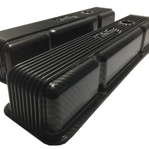 Custom Hydro Dipped Carbon Fiber High Gloss Vintage Series Finned Small Block Chevy Valve Covers Holley 241-240