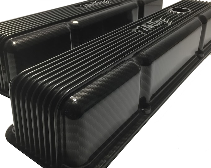 Custom Hydro Dipped Carbon Fiber High Gloss Vintage Series Finned Small Block Chevy Valve Covers Holley 241-240